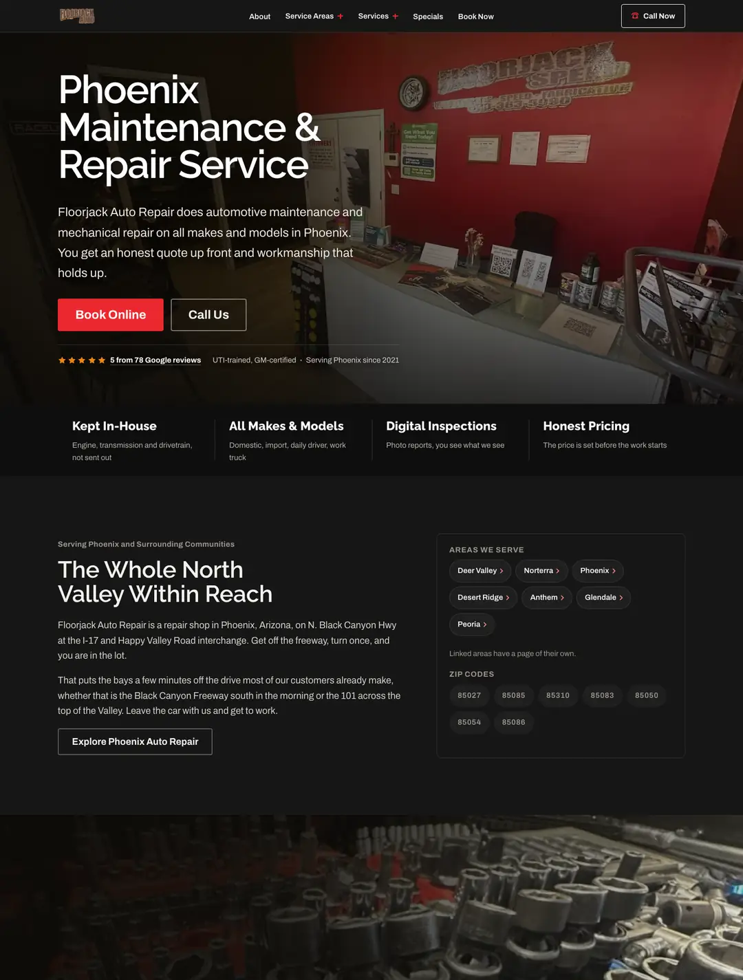 The Floorjack Auto Repair homepage: a dark hero photograph of the shop counter with the headline Phoenix Maintenance and Repair Service, booking buttons, and a row of service areas.