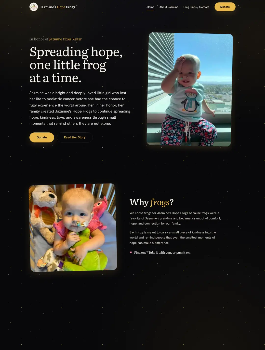 The Jazmine's Hope Frogs homepage: a dark night-sky layout with photographs of Jazmine, the line Spreading hope, one little frog at a time, and a gold donate button.