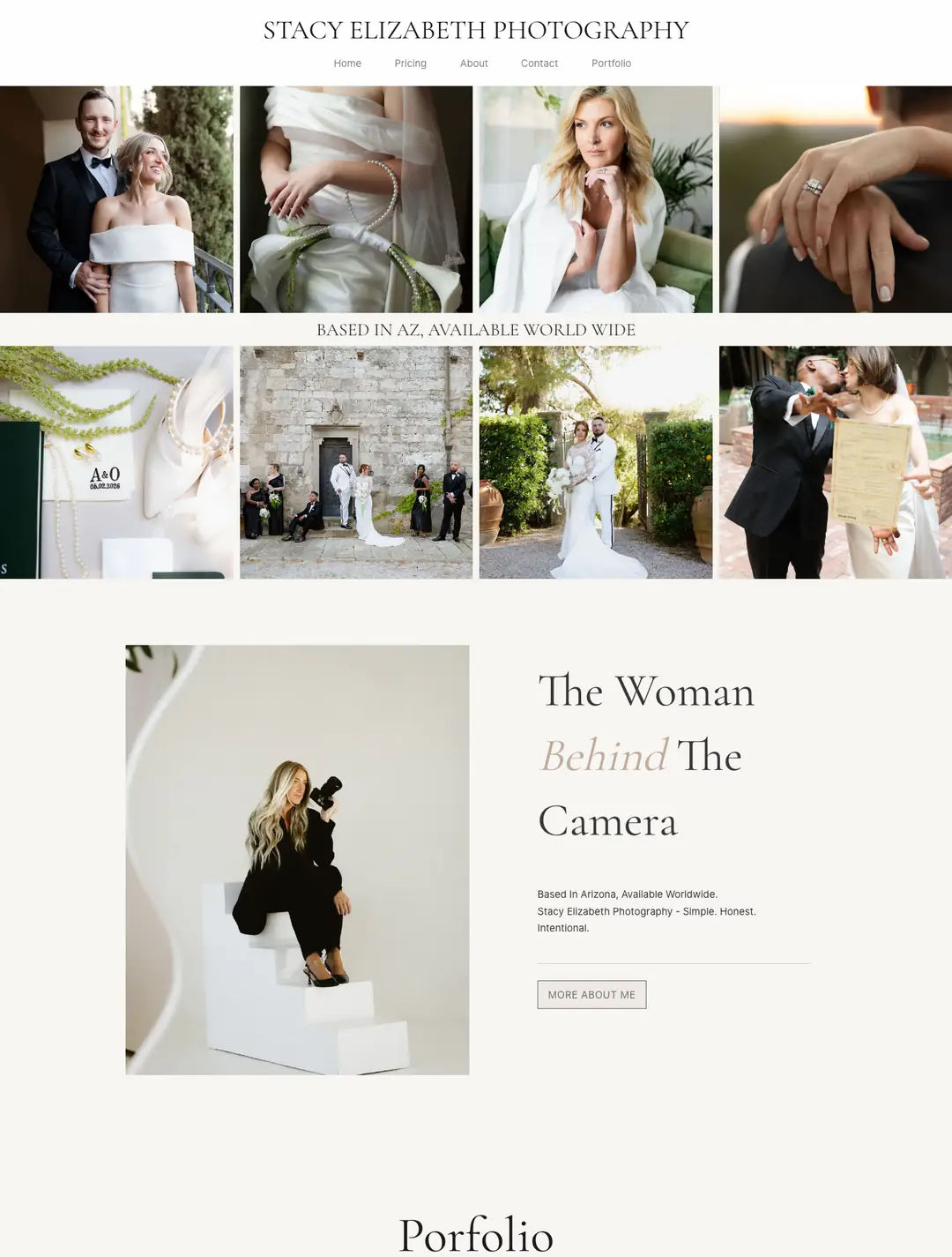The Stacy Elizabeth Photography homepage: an editorial white layout with two full-width rows of wedding photographs above a portrait of the photographer.