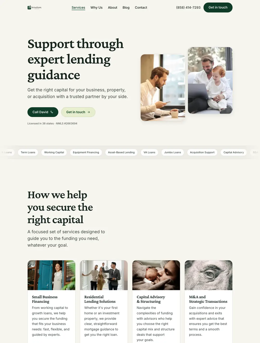 The StrivePoint Advisors homepage: a warm cream layout with the headline Support through expert lending guidance, two client photographs, and cards for each lending service.